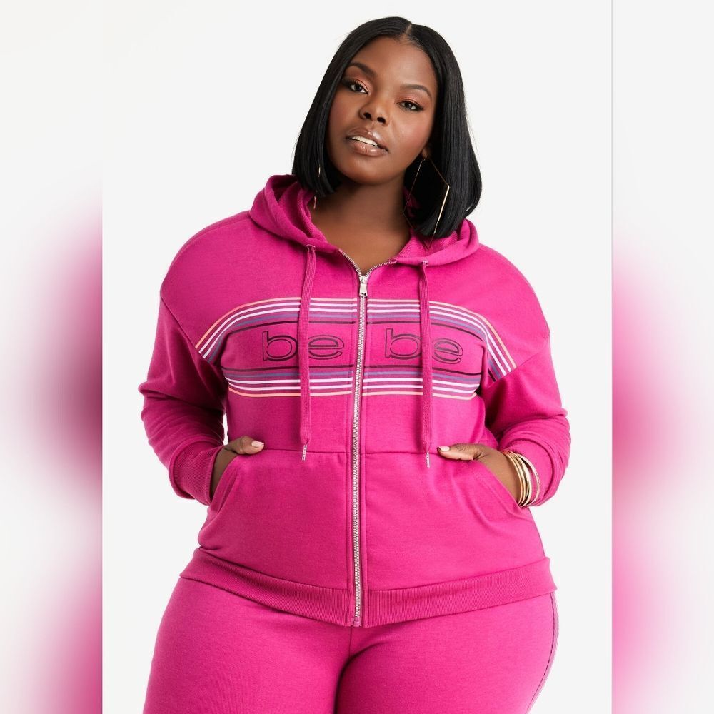 Nwt Bebe Festival Fuchsia Stripe Logo Zippered Activewear Hoodie 2x
